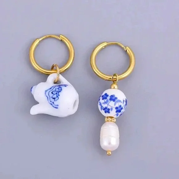 Ceramic Teapot Mismatched Hoop Earrings - Picture 1 of 13